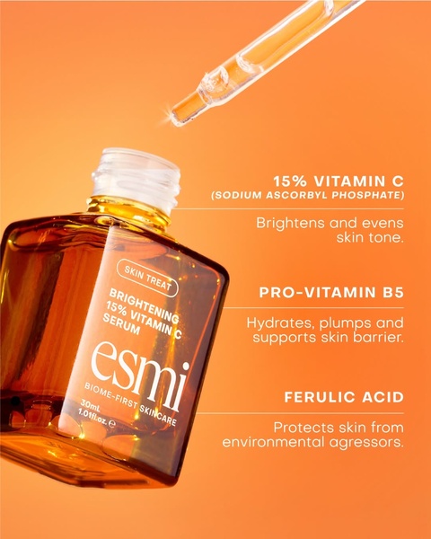 A high-contrast product-focused creative using a clean label approach to highlight key ingredients like Vitamin C, Vitamin B5, and Ferulic Acid.